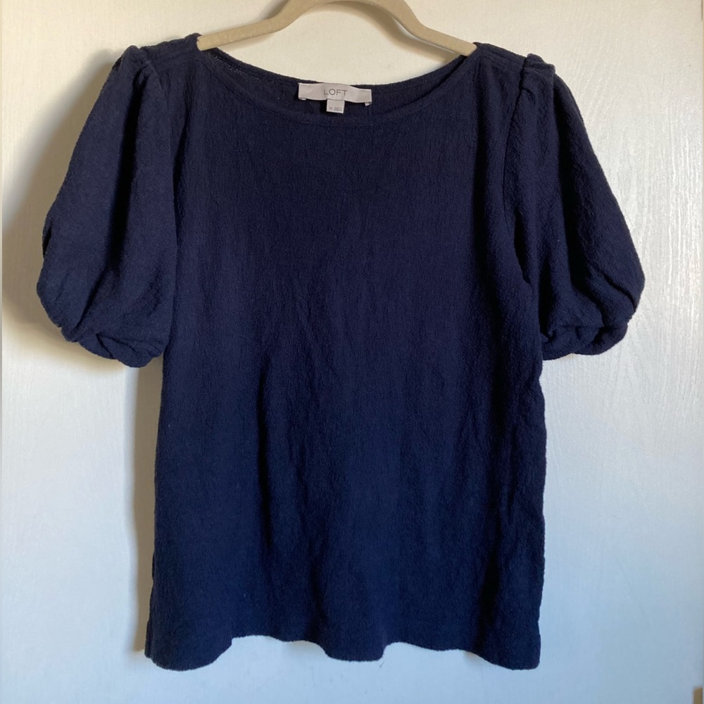 *Loft Navy Blue Scoop Neck Puff Twisted Short Sleeve Textured XS Blouse #MBG